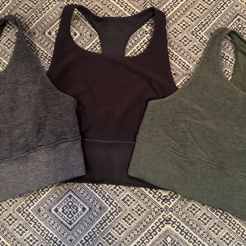 Set of Three Alo Yoga Alosoft Serenity Bras, Racerback  (Green, Brown, Black)